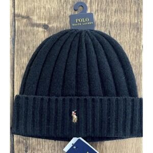 Polo Ralph Lauren Signature Wool‎ Blend Cuffed Beanie Black Tan Pony NWT